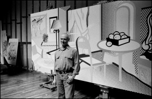 Chronology: Roy Lichtenstein in his Washington Street studio with Interior with Painting of Trees and Interior with Box of Yellow Apples (both 1997). Photograph by Inge Morath © Inge Morath Foundation/Magnum Photos.