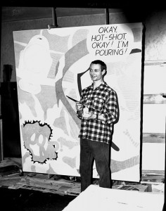 Roy Lichtenstein working on Okay, Hot-Shot, Okay! (1963) in his studio in Highland Park, New Jersey, ca. 1963. Courtesy Special Collections and University Archives, Rutgers University Libraries